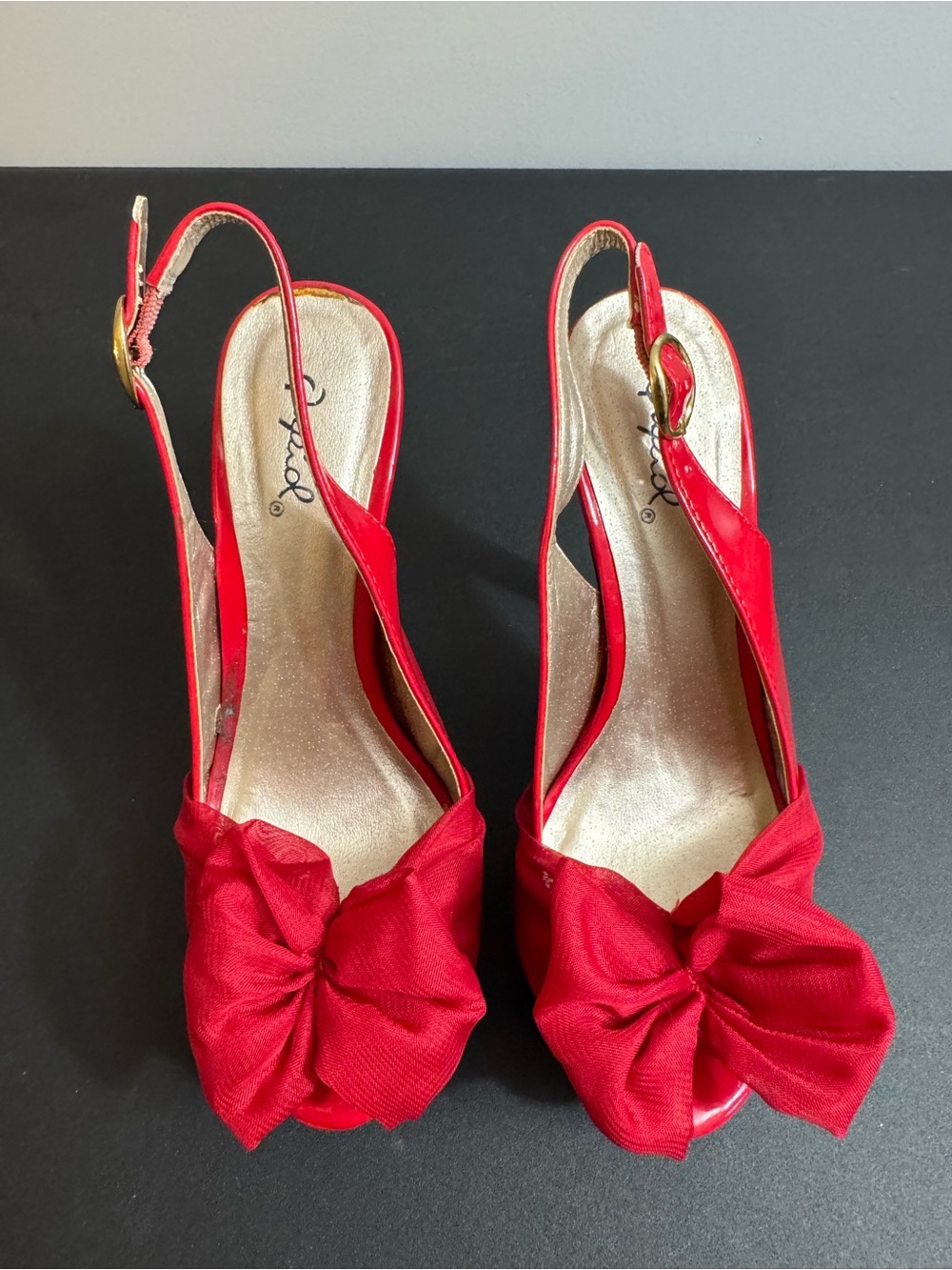 Qupid Red Slingback Bow Peep-Toe Heels